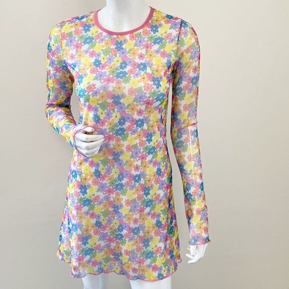 Delias by Dolls Kill Flower Power Long Sleeve Floral Print Mesh Mini Dress - Picture 1 of 6